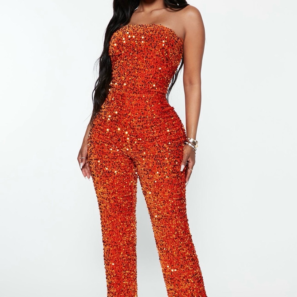 Fashion Nova Glittering Orange Strapless Jumpsuit